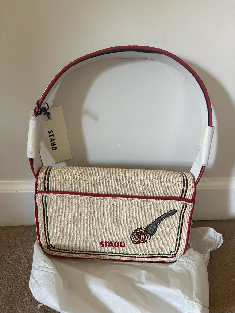 NWT STAUD Red and Cream Beaded Tomato Shoulder Bag - Picture 2 of 4